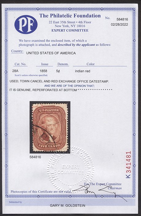 28A Used RARITY w/Cert   5c Indian Red  